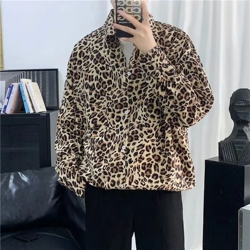 

Leopard Long Sleeve Shirt Coat 2022 Summer New Korean Fashion Ruffian Handsome Loose Casual Shirt Men Camisa Floral Blouse