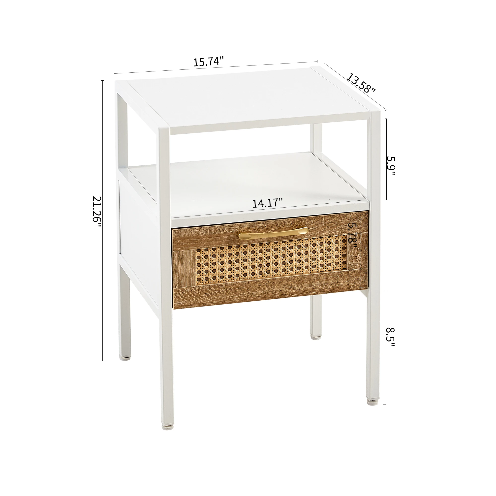 Set of 2, 15.75" Rattan End table with drawer, Modern nightstand, metal legs,side table for living room, bedroom,white