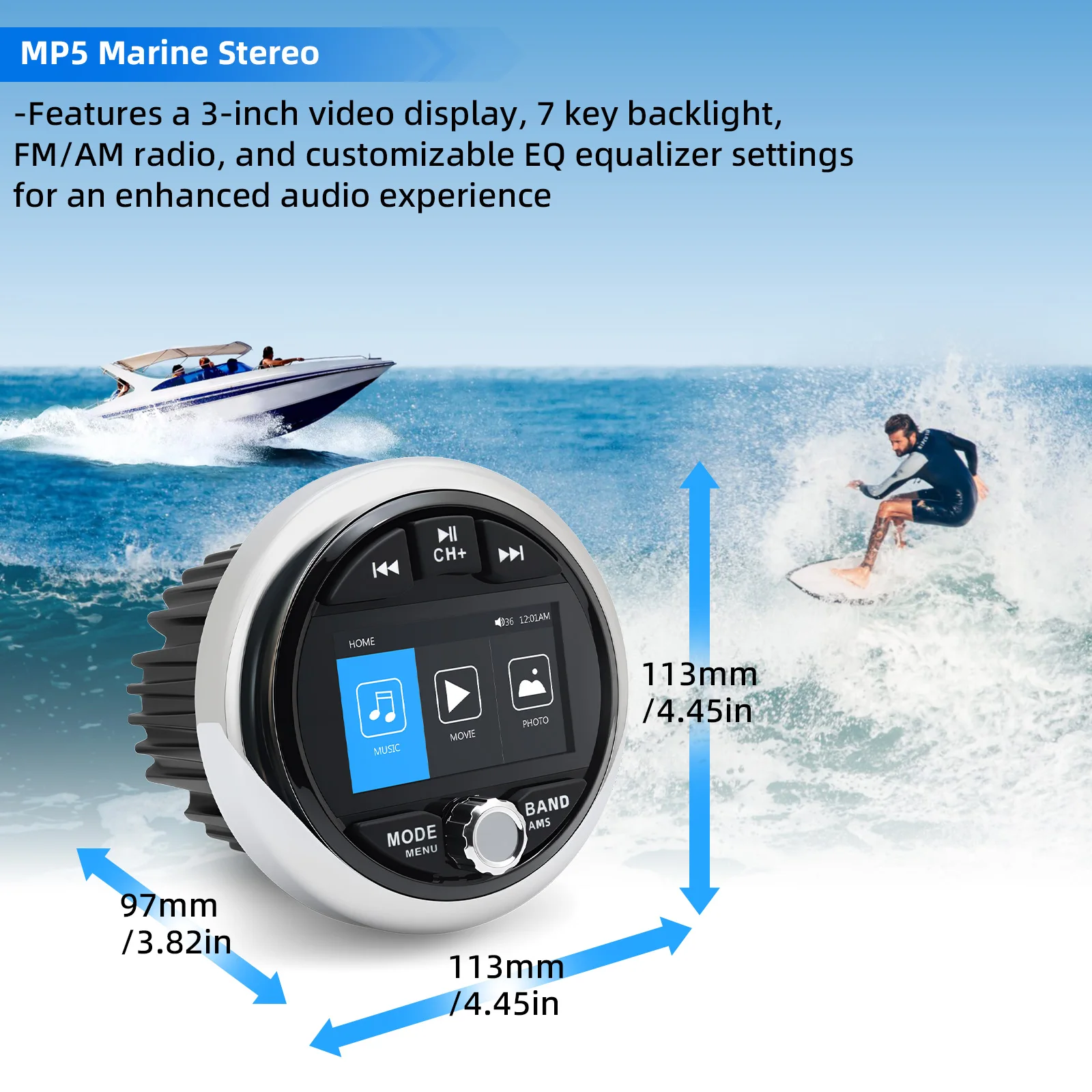 MP5 Boat Radio Marine Stereo Source Media Player AM FM RDS Receiver MP5 Video Play Bluetooth-compatible AUX for ATV UTV SPA RZR
