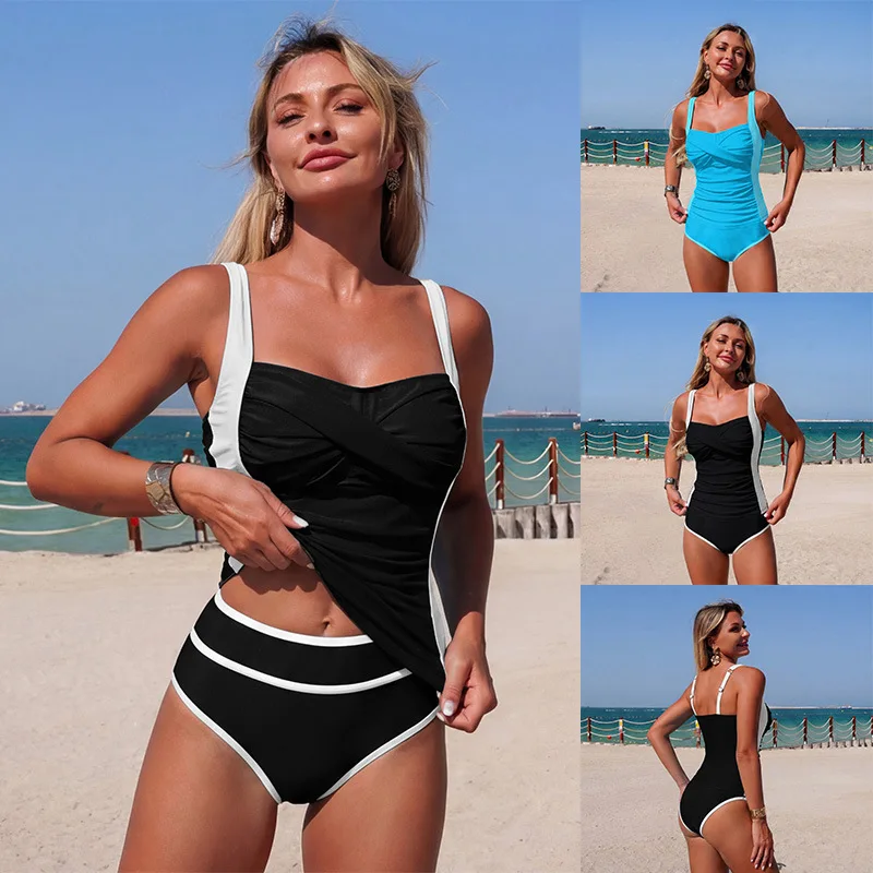 Tankini femme effet ventre plat taille haute color block