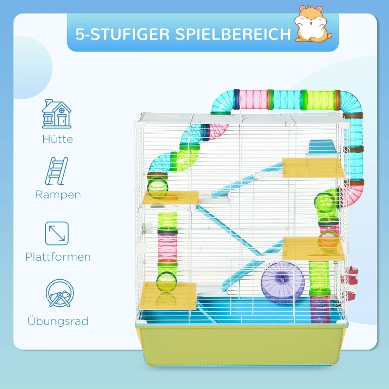 5-stöckiger Kleintierkäfig mit Rampe, Rädern, Napf und Flasche, Stahl und Kunststoff, hellblau+weiß, 59×36×69cm – Detail 6