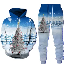 

2022 New Fashion Men Women Christmas Printed Hoodie Suits Men Long Sleeve Pullover+Pants Loose Hooded Sweatshirt 2 pieces Set