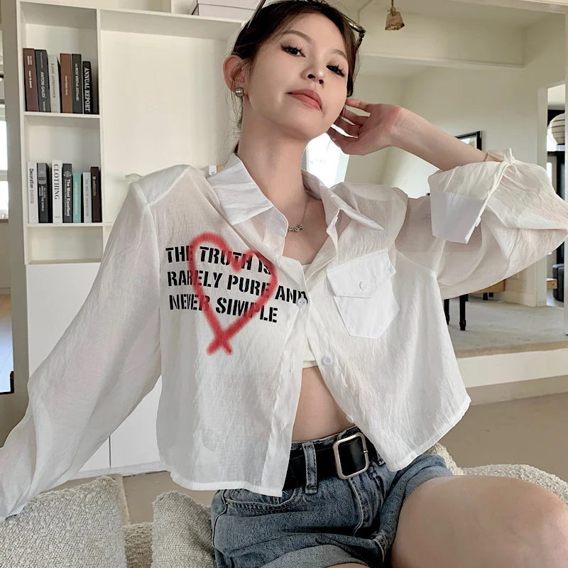 Korean Fashion Transparent Cropped Shirts Women Summer New Sun Protection Letter Love Print Long Sleeve Blouses Tops Mujer