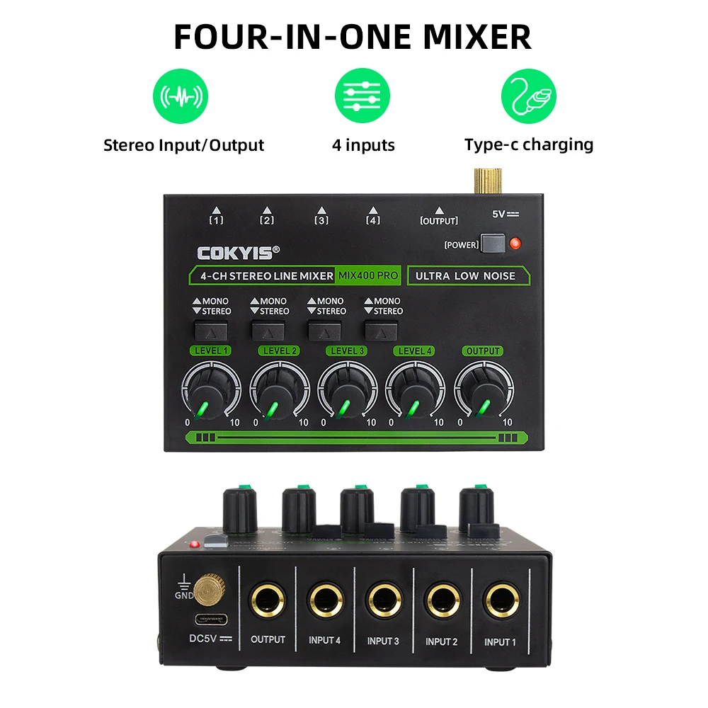 Mix400 Pro 4 Channel Professional Sound Mixer With RGB Light Mini Audio Mixer Line Small Audio For Club Bar Audio Mixer