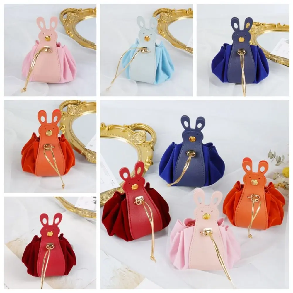 

Large Capacity Velvet Drawstring Bag PU Leather Storage Bag Festive Sugar Bag Korean Style New Year Cartoon Rabbit Ear Handbag