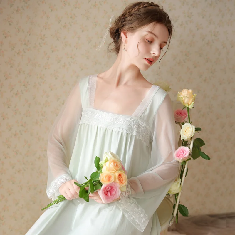 

Длинные ночные рубашки принцессы с квадратным вырезом женские осенние хлопковые ночные рубашки с длинным рукавом Свободная Ночная сорочка до щиколотки новое поступление