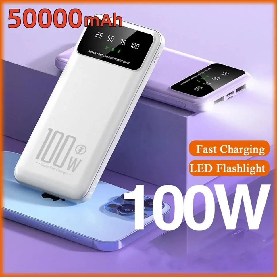 

Mobile Power Bank PD Ultrafast Charging External Power Supply Ultrathin Portable Digital Display Phone Accessories 50000mAh 100W