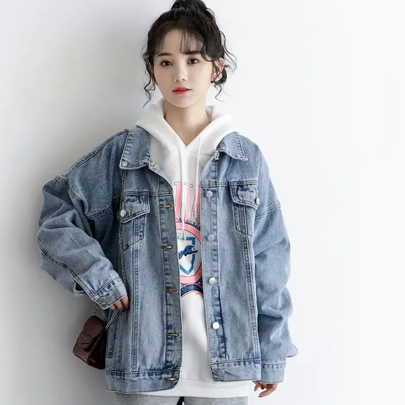 

2024 Autumn New Denim Jacket Women Fashion Korean Loose Casual Lapel Single Breasted Pockets Coat Top Lady Outerwear Blue Mujer