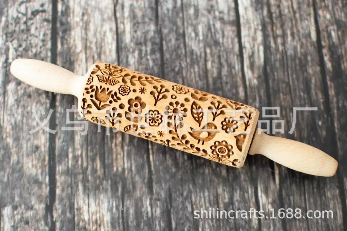 Description Picture 5 of itemFlower Print Christmas Rolling Pin Bird Print Pattern Rolling Pin Wooden Thanksgiving Pastry Tools Deep Engraving Cookies Tool