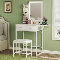 Makeup Vanity Desk with Mirror and Lights, Small Vanity with Fabric Storage Drawer & Chair & Shelves,  Bedroom 1