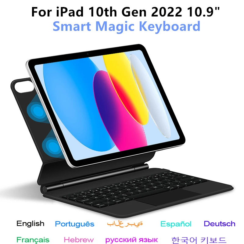 Folio-capa de Teclado Mágico para Ipad Smart Case Português Espanhol Hebraico Árabe Alemão 10 10.9 2023