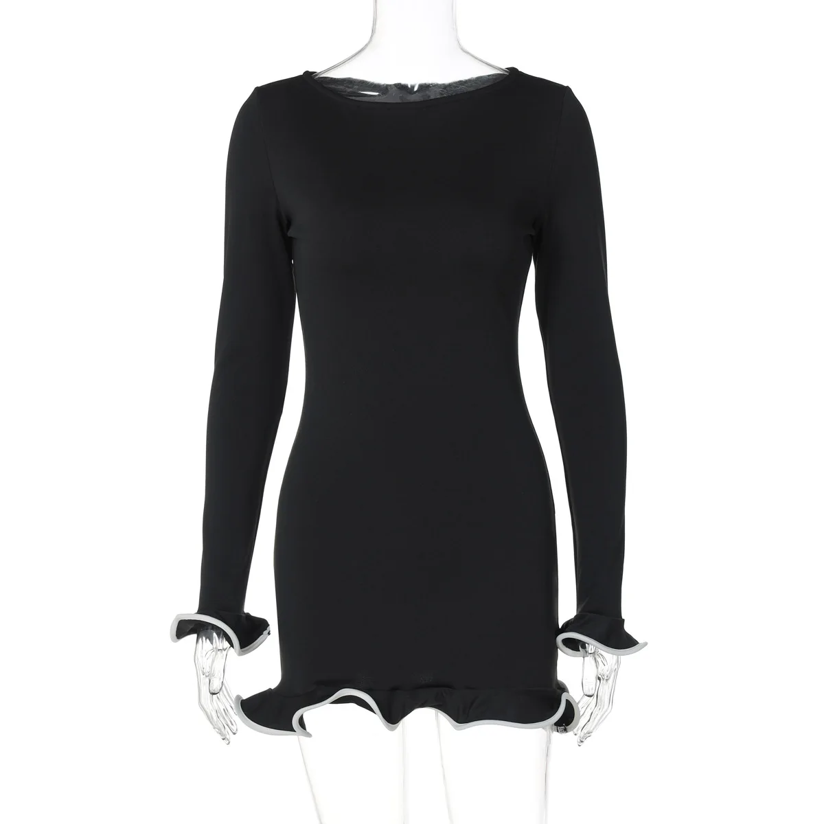 Lyegns O Neck Ribbed Knit Long Sleeve Ruffles Mini Dress Fall Elegant Y2K Streetwear Evening Casual Dress Fashion Wholesale