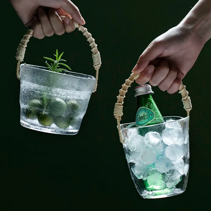 

Japanese creative Glass mini ice bucket with Rattan handle high beauty bar commercial household cafe restaurant