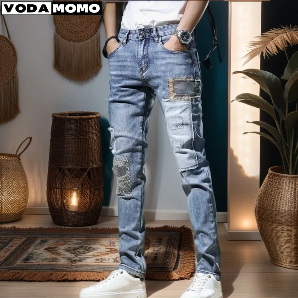 

Мужские стильные рваные джинсовые брюки, облегающие прямые потертые джинсовые брюки, новая модная мужская одежда, обтягивающие джинсы y2k