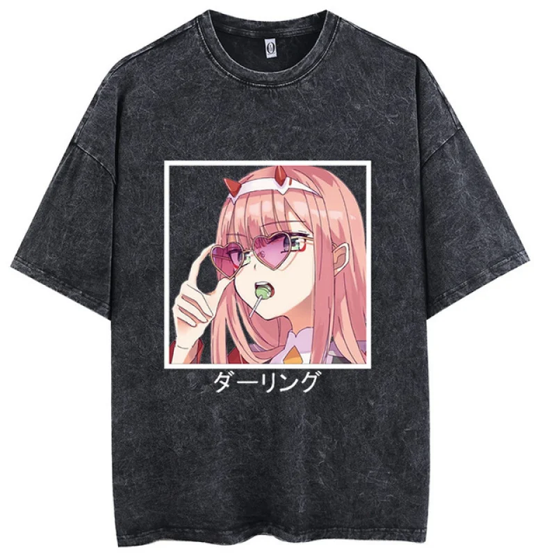 

Funny Darling In The Franxx Tshirts Anime Zero Two Graphic T-shirt Cotton Retro Washed Summer Short Sleeve Harajuku Tee Tops