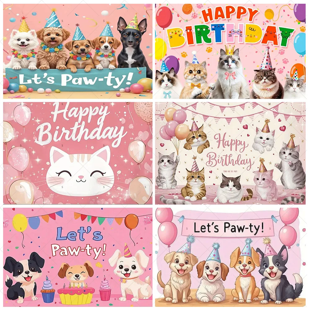 Cartoon Katze Hund Thema Kinder Geburtstag Nette Haustier Party Dekoration Baby Dusche Bunte Ballon Hintergrund Banner Fotografie Requisiten