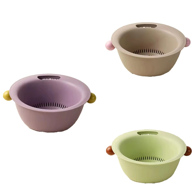 Multifunctional Double Layer Vegetable And Fruit Washing Basket, Cute Round Solid Color Design, Thickened For Durabilityabkw