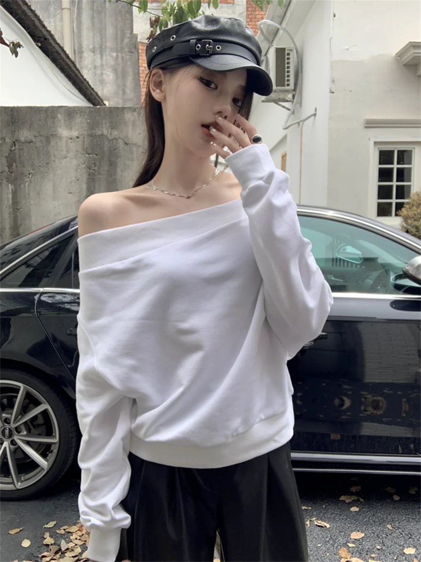 Arazooyi All Match Sweatshirts Women Slash Neck Sexy Slim Office Lady Full Sleeve Autumn 2023 Vintage Off Shoulders Daily