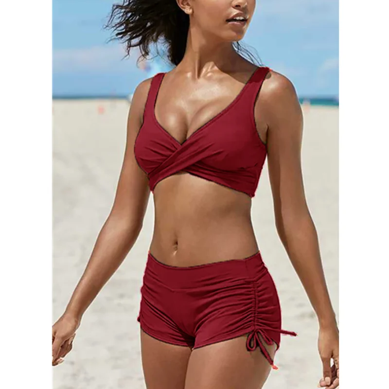 Women Camouflage Print Bikini Swimsuit Summer Push Up Backless Bandage Swim Set Female Drawstring Shorts Bathing Suit for Ladies