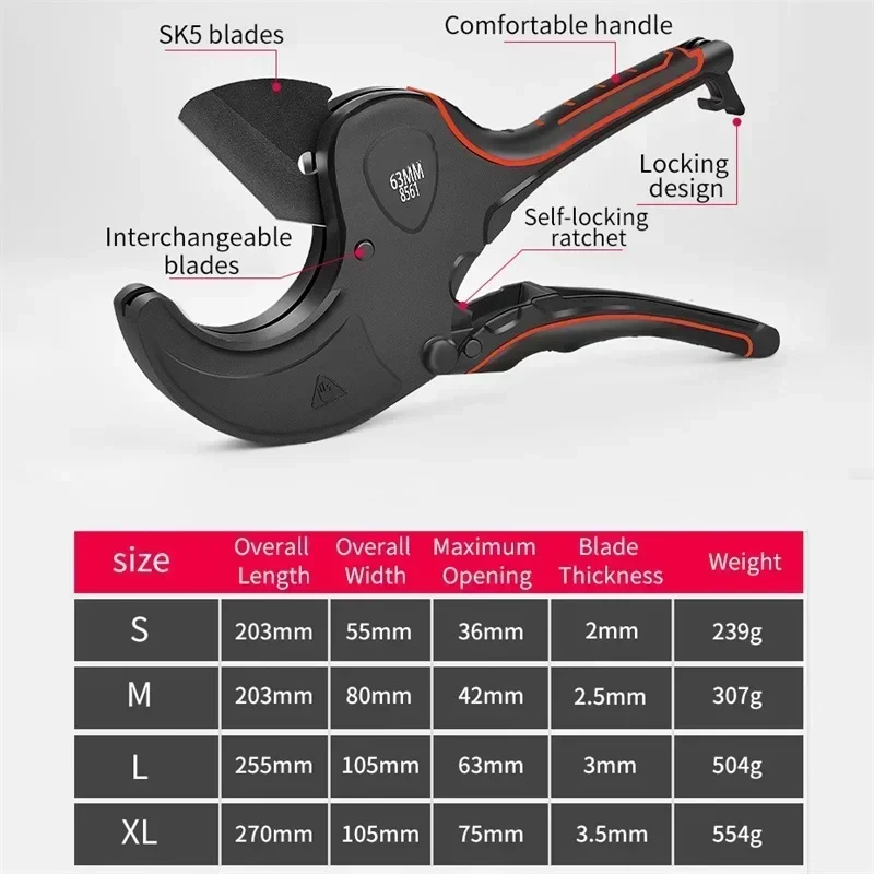 Professional Tube Scissors Pipe Cutter SK5 Blade With Treatment Ratchet Pvc/Pu/Pp/Pe Hose Pipe Shears Electric Line Hand Tools 6