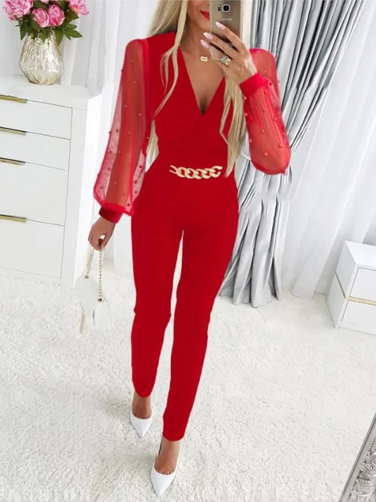 Elegant Flower Embroidery Jumpsuits Women 2024 Spring Mesh Sleeve Chain Decorate High Waist Ladies Jumpsuit V Neck Sexy Bodysuit