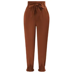 GK Women High Waist Pants With Belt Elastic Waist Smocked Leg Opening Pants Lace-up Loose Solid Comfortable Casual Trousers