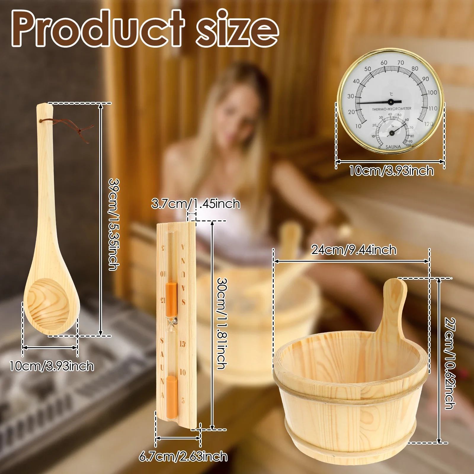 4Pcs Set Sauna Accessories Wood Sauna Bucket Spoon with Handle Design 2 in 1 Thermometer&Hygrometer Hourglass Timer