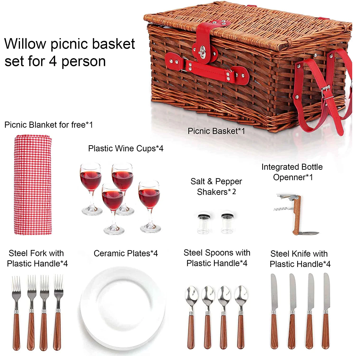 Juego de cestas de mimbre para 4 personas con manta, cesta de picnic de  sauce hecha a mano con enfriador aislado y kit de cubiertos, cesta de  regalo
