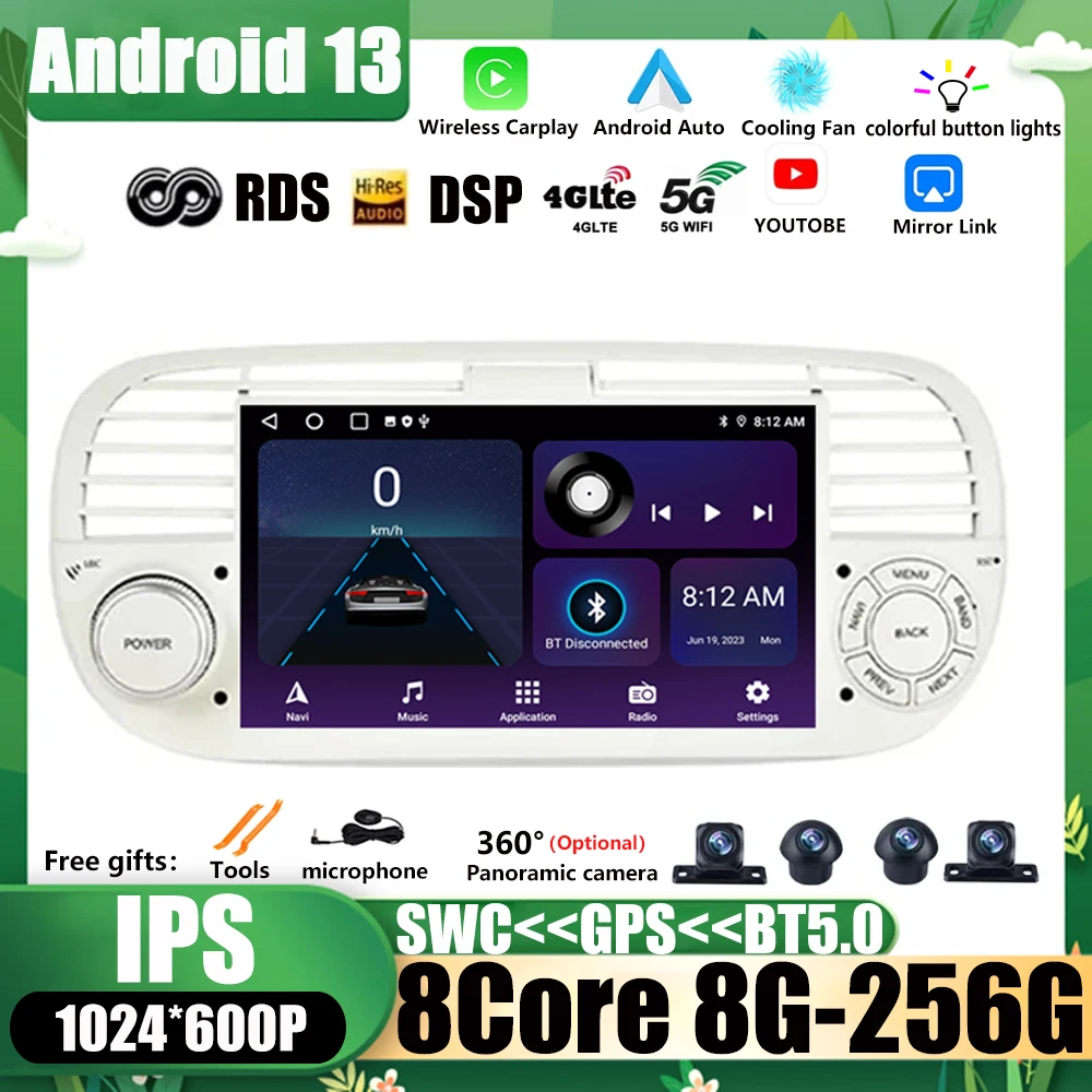 

Автомобильный Android 13 7 ”для Fiat 500 2007-2015 2 Din Авторадио CarPlay Радио мультимедийный плеер Видео DSP GPS Navi 4G WiFi BT