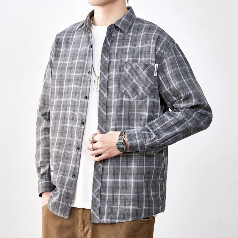 New Spring and Autumn Casual Men's Shirts,Plaid buttons Long Sleeve T-Shirts, Men's Clothing, Campus Fashion Streetwear M-4XL