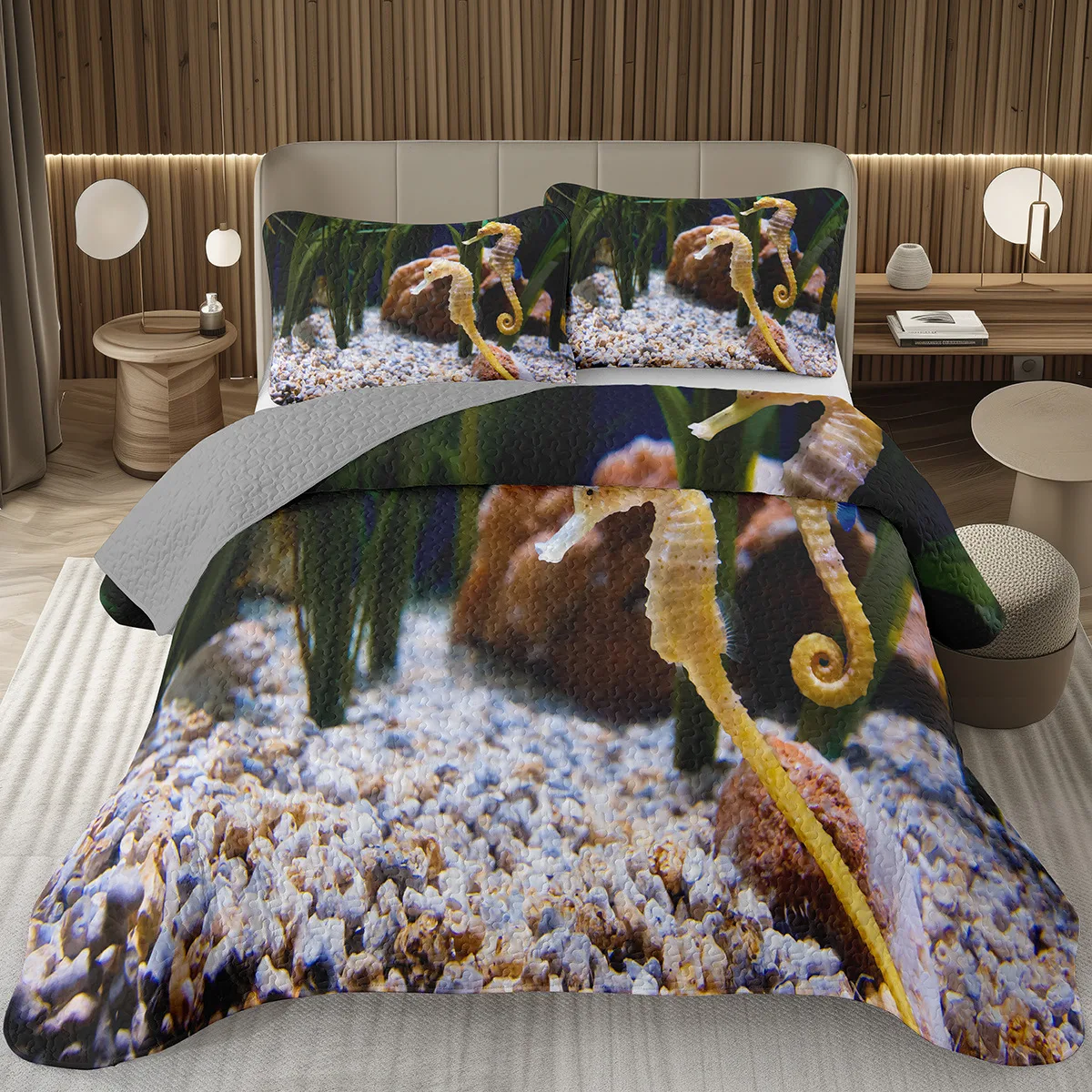 Seahorse Bedspread 퀸 사이즈 3D 해마 인쇄 침구 세트 바다 동물 퀼트 침대보 해양 지중해 스타일 침대 커버