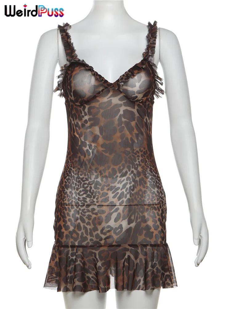 Weird Puss Leopard Print Dress Women See Through Lace V-Neck Sexy Sleeveless Skinny Summer Fashion Chic Ruffle Hem Mini Bodycon 5