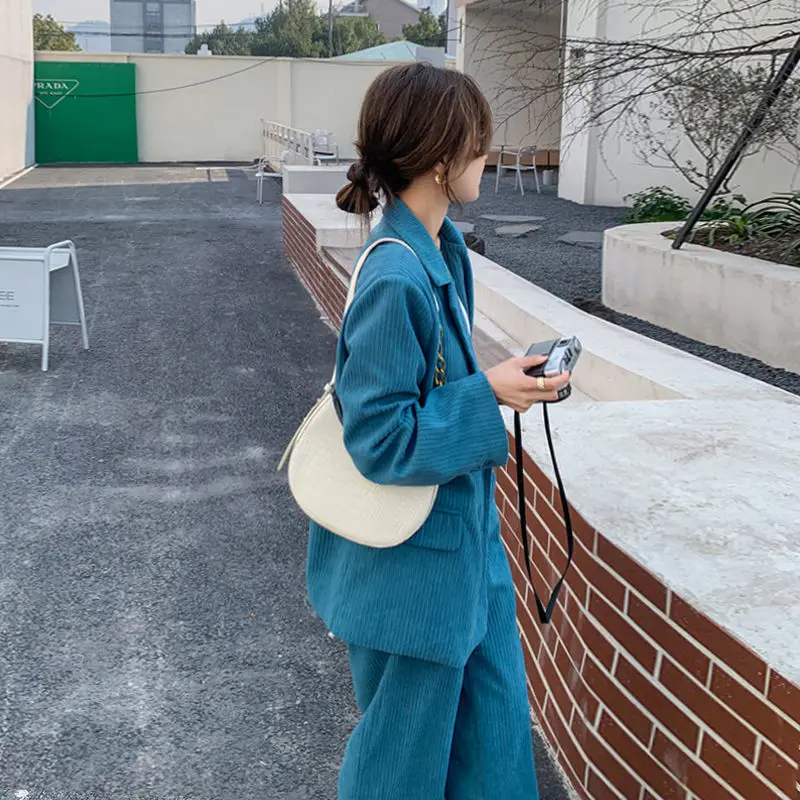 Blue Corduroy Set Women's Korean Edition Loose Spring and Autumn New Casual Popular Suit Two Piece Set Trendy