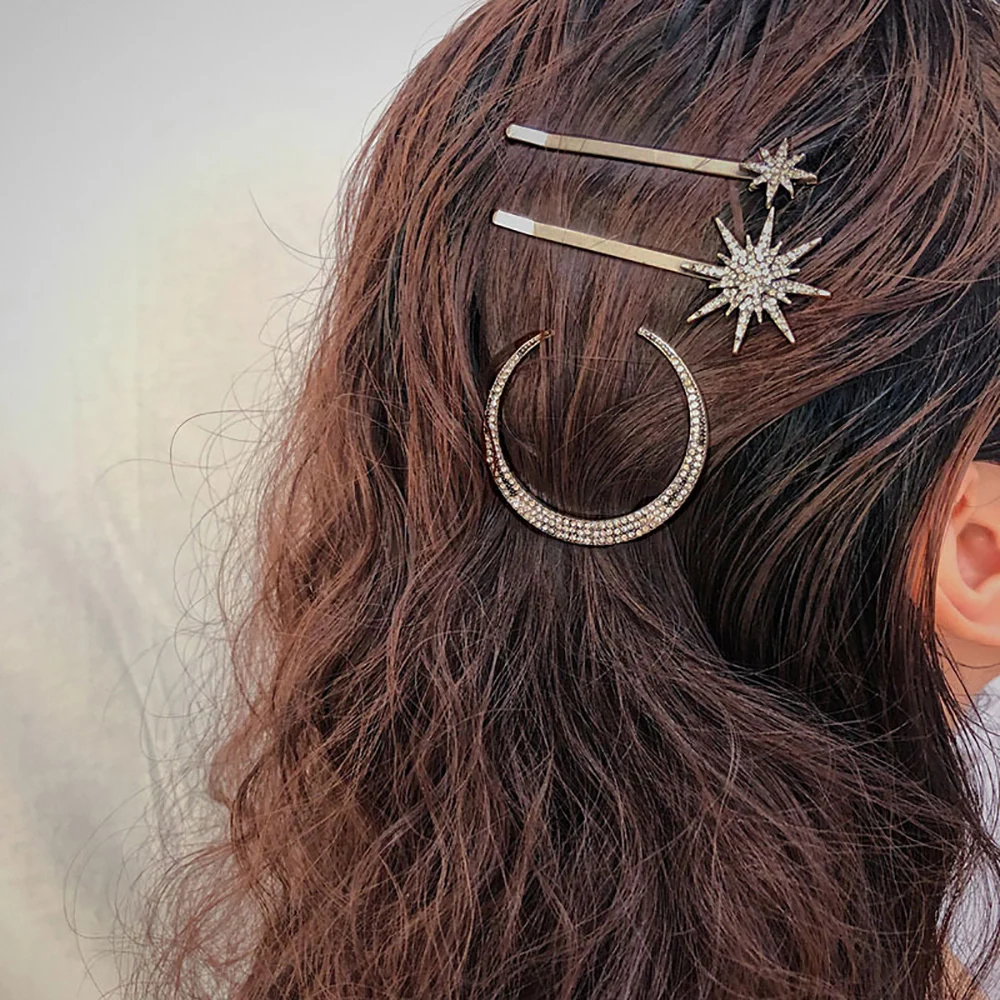 Vintage Star Moon Hair Clips Metal Rhinestone Hairpin For Women Hair