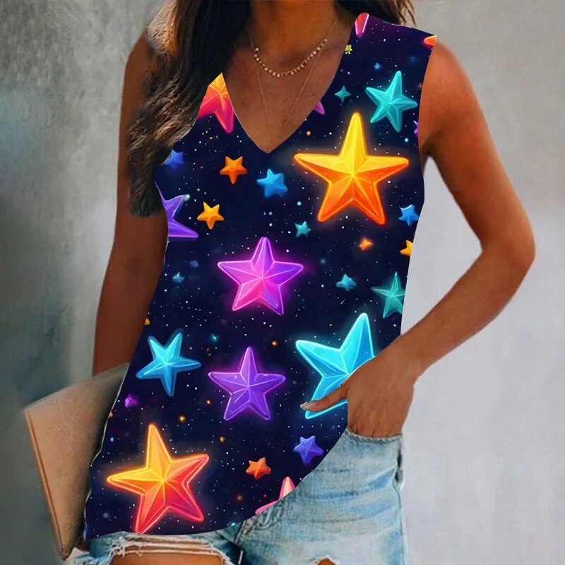 Summer Colorful Star 3D Print Tank Tops Women Streetwear Fashion Oversized V-Neck Vest Off Shoulder Sleeveless Woman Camisole 1