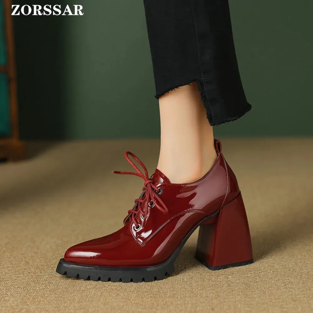 

Mature Dress Women Pumps Fashion Office Ladies Thick Heels Pointed Toe Patent Leather Lace-Up Shoes Woman 2024 New Spring Autumn
