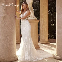 Yunshang Elegant Mermaid Wedding Dresses Women Lace V-Neck Open Back Spaghetti Straps Bridal Gown Sweep Train Vestidos De Novia