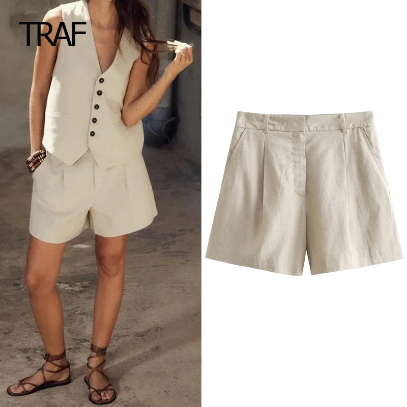 

TRAF Women High Waist Short Women's Summer Shorts 2024 Tailoring Linen Blended Short Korean Style Shorts Women's Sports Shorts