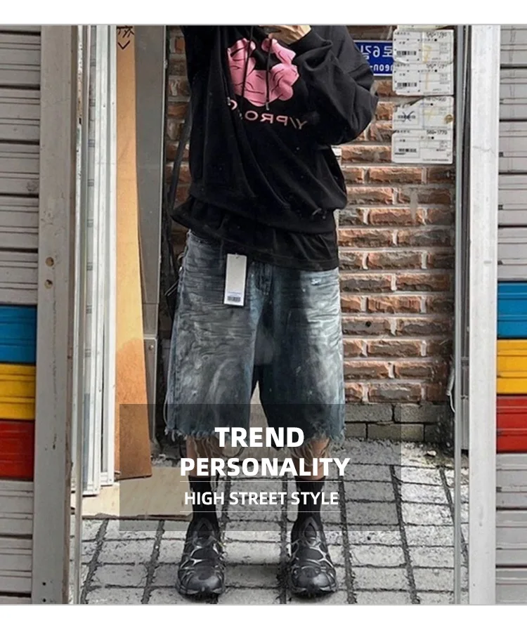 MIJKO Jeans Shorts Damaged Hole Baggy Shorts Men Women Streetwear Casual Denim Cargo Pants