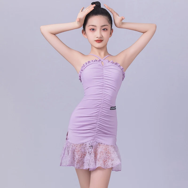 

Новинка 2024, платье для латиноамериканских танцев для девочек, фиолетовая кружевная одежда для тренировок, женская одежда для танго, костюмы для латиноамериканских танцев DQS15694