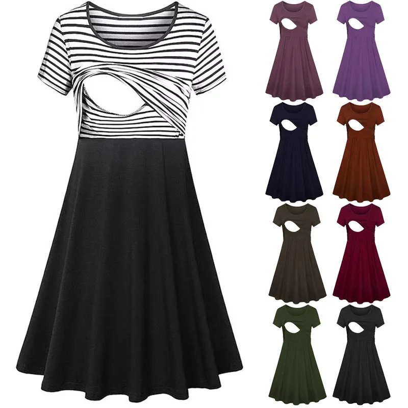 Fashion Maternity Care Striped Dresses Pregnant Women Pajamas Multifuntional Mother Breastfeed Dress Premama Baby Shower Clothes