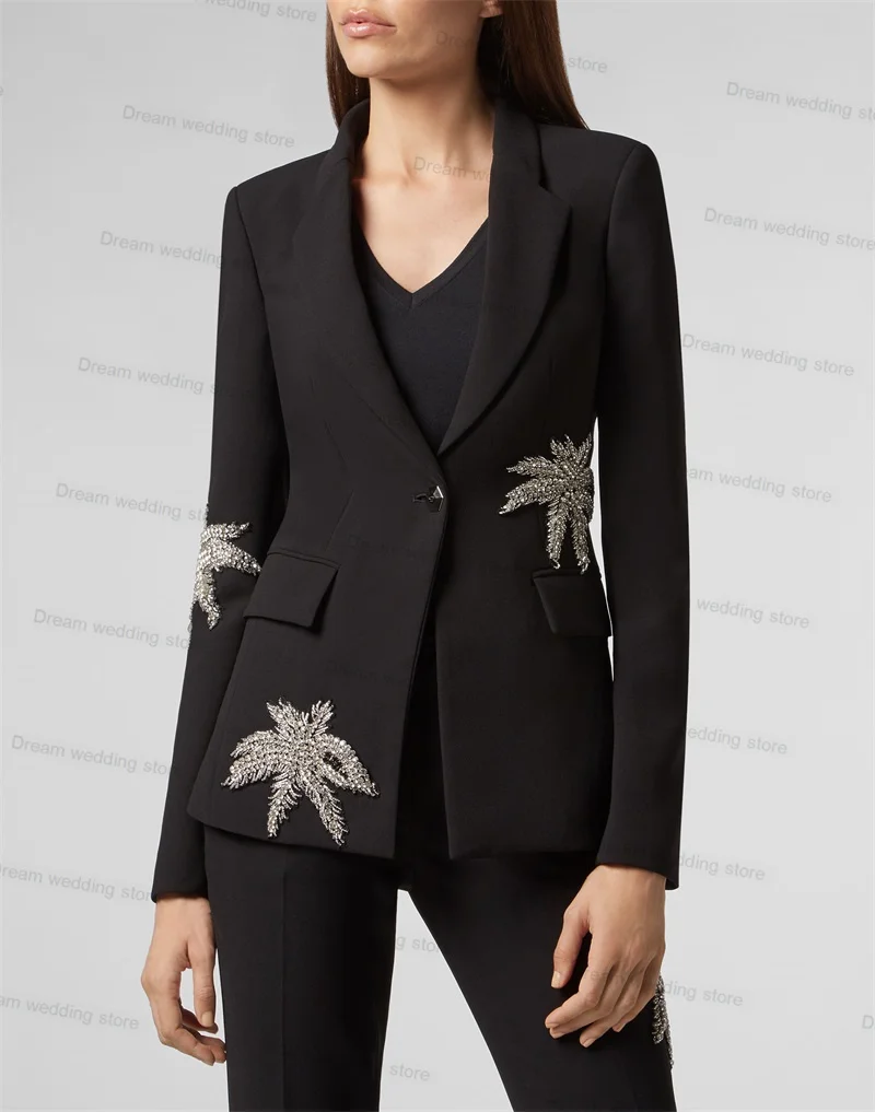 

Black Crystals Women Suit Pants Set 2 Pieces Blazer+Trousers Formal Office Lady Jacket Slim Fit Prom Dress Custom Made