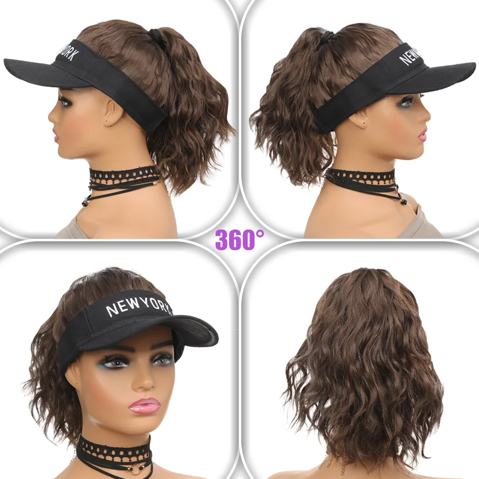 Synthetic 12inch Women's hat Water ripple wig hat with ponytail wig Hat with wig Lady's adjustable black baseball cap wig