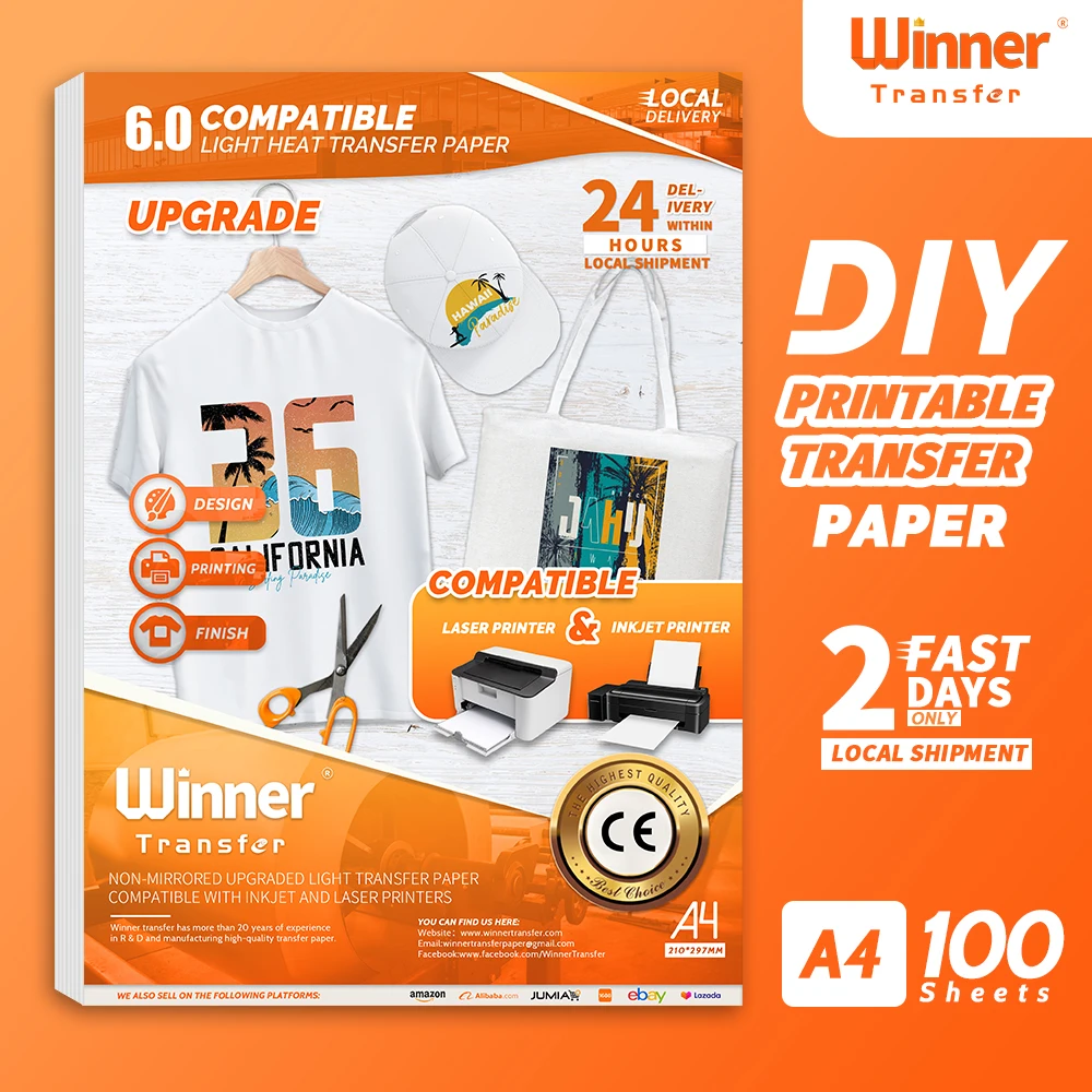 WinnerTransfer A4 100Sheets Printable Heat Transfer Paper for T Shirts  Inkjet& Laser Transfer Paper for Clothes Cotton Fabrics - AliExpress