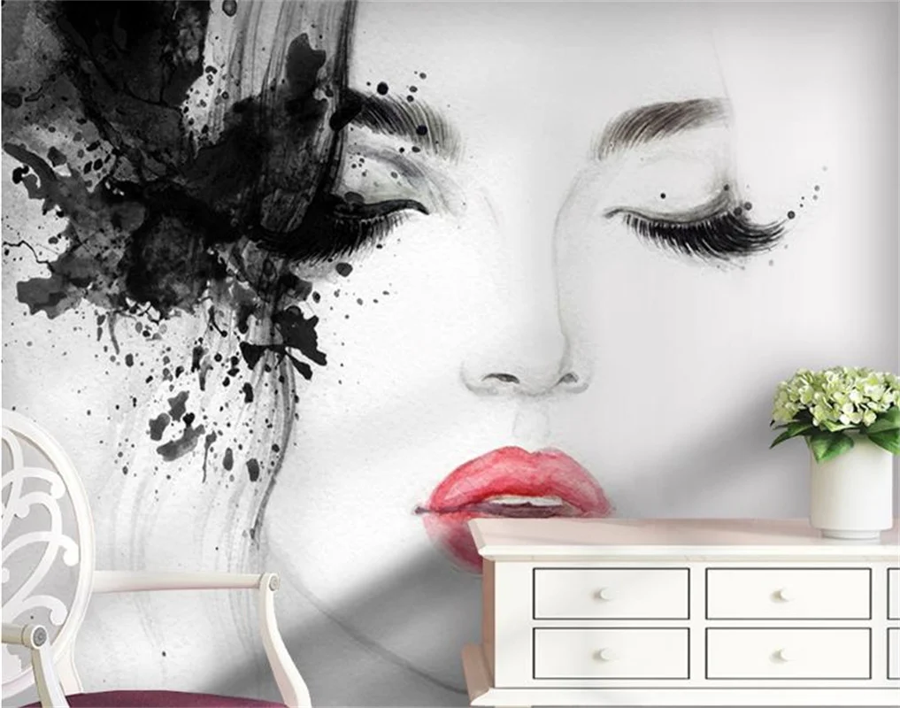 Customize Wallpaper 3d Stereoscopic Black And White Red Lips Watercolor  Beauty Wall Background 3d Photo Wallpaper Home Decor - Wallpapers -  AliExpress