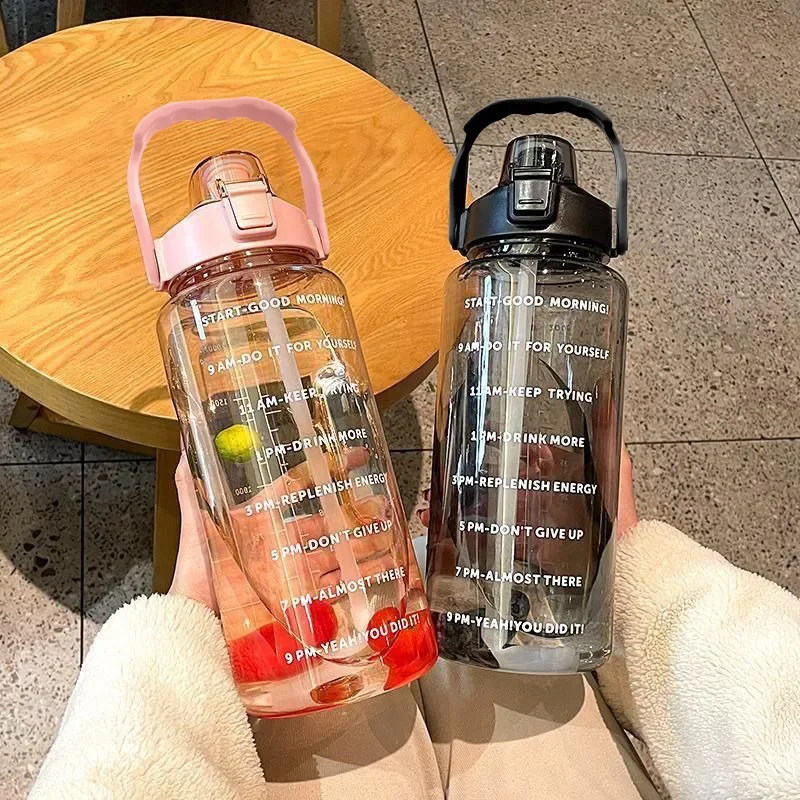 

2 Liters Water Bottle Sports Water Bottle Motivational Drinking Bottle With Time Marker Stickers Portable Reusable Plastic Cups