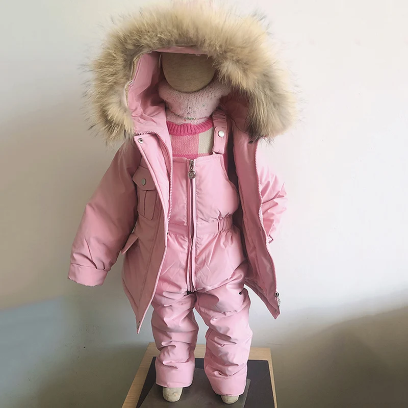 2 stücke Set Kinder Winter Daunen jacke und Overall für Baby verdicken Jacke für Mädchen Mantel warmen Echtpelz Kragen Jungen Schnee anzug 0-4y
