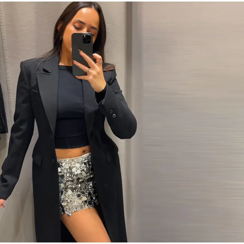 Vintage Lapel Black Long Overcoat Women Slim High Waist Full Sleeve Single Breasted Shoulder Pad Coat New Spring Commute Outwear
