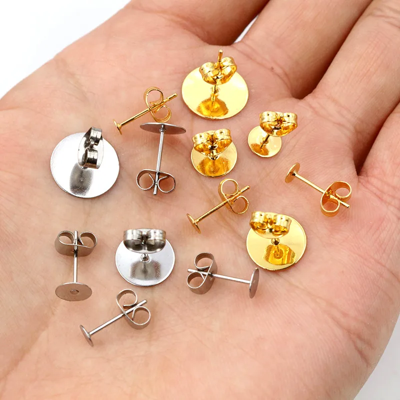 Earring Base Pins 50-100pcs/lot Gold Stainless Steel Blank Post With Earring Plug Findings Ear Back For DIY Jewelry Making