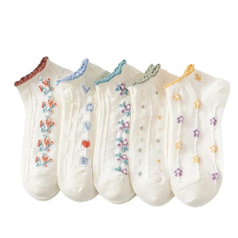 5/10 Paar Damen-Blumen-Kurzsocken, modisch, niedlich, die Salatkanten, weich, bequem, schweißabsorbierend, atmungsaktiv, lässige Socken – Detail 11